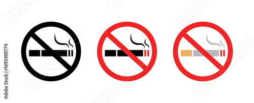 Prohibited Smoking Vector Set, Round No Smoking Signs. No Smoking Warning Icons, Simple Flat Labels for Public Spaces