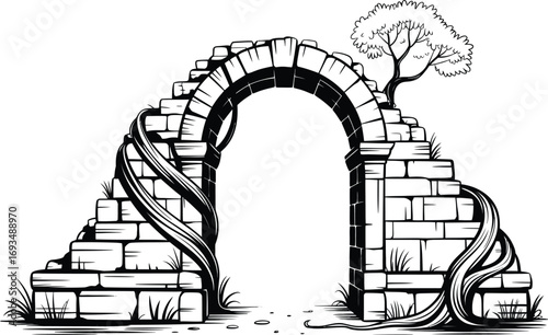 Ancient Stone Archway with Overgrown Vines and Tree
