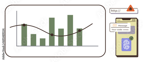 Bar graph with trend line, mobile device showing fingerprint and code verification, alert on insecure URL. Ideal for analytics, security, privacy, online safety, authentication, tech concepts simple