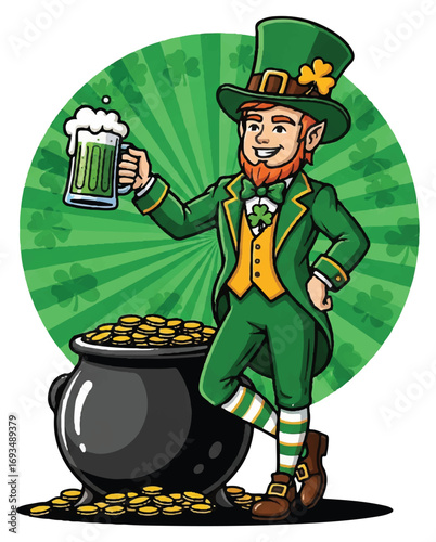 A cheerful leprechaun in a green suit and hat, holding a frothy green beer, stands beside a pot overflowing with gold coins.