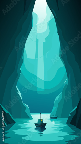 Boats in a cave with light from above sea