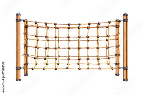 Childrens playground rope climbing net on wooden posts isolated.