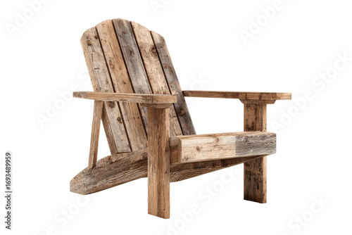Rustic wooden Adirondack chair made from reclaimed planks isolated on white.
