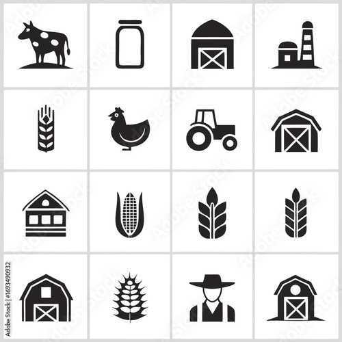 Diverse Set of Black and White Icons for Agriculture and Farming Themes barn farm building