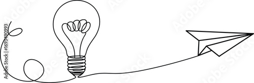 Idea, flight, light, bulb, paper, airplane, minimal, line, art, abstract, sketch, creative, innovation, symbol, continuous, drawing, vector, isolated, white, modern