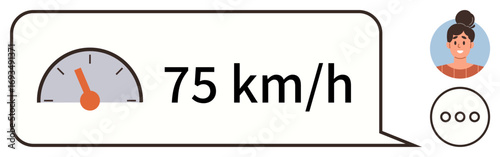 Speedometer with 75 kmh reading in a speech bubble, user avatar, and typing bubbles. Ideal for communication, transportation, driving safety, speed management, technology, chatting social