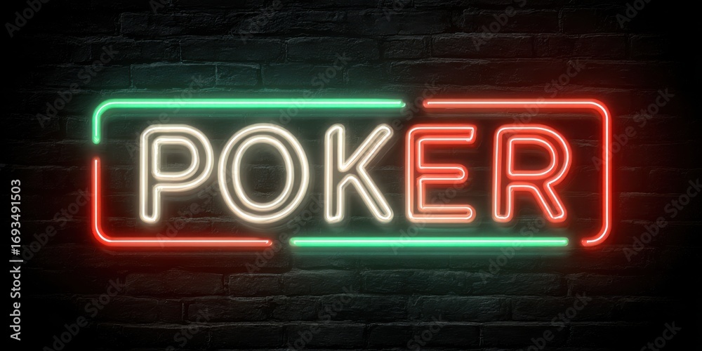 Obraz premium Vibrant Neon Poker Sign on Dark Brick Wall