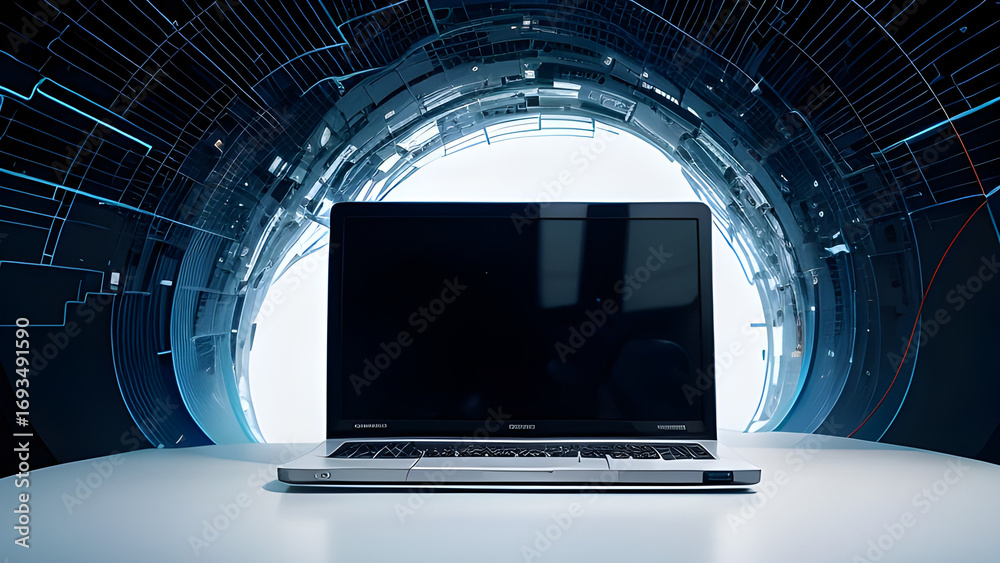 Naklejka premium Modern laptop with a blank black screen placed on a white table, set against a futuristic digital background with abstract glowing technology elements. Concept of innovation, artificial intelligence.