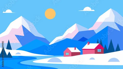 Winter landscape with houses and mountains