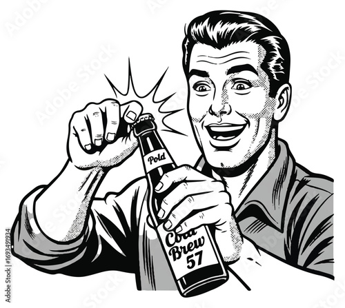 Happy man opening a bottle of Cola Brew 57 soda.