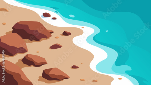 Cartoon beach with rocks and ocean waves