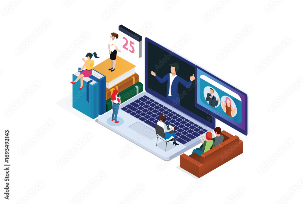 Modern Isometric Smart Online Learning Technology Illustration in White Isolated Background With People and Digital Related Asset Modern Isometric Smart Online Learning Technology Illustration in White Isolated Background With People and Digital Related Asset