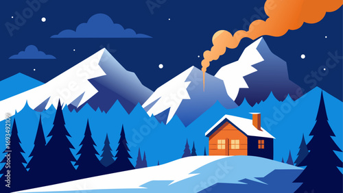 Winter landscape with cabin and mountains