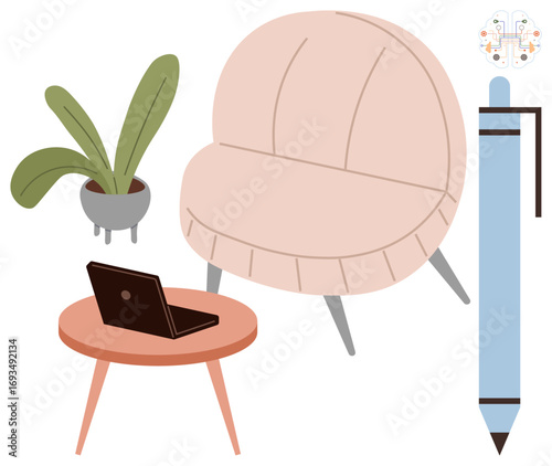 Laptop on wooden table, blush chair, potted plant, pen, and digital element. Ideal for creativity, productivity, remote work, modern office writing innovation simple flat metaphor