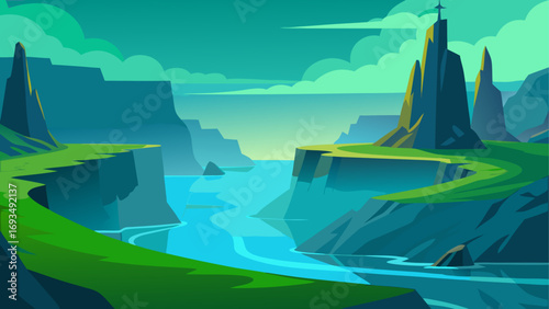 Cartoon landscape with river and mountains