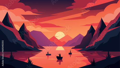 Sunset scene with mountains and boats view