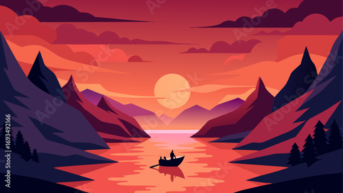 Silhouette boat on lake at sunset scene