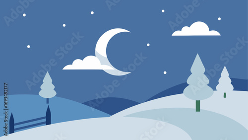 Winter landscape with moon and snow scene