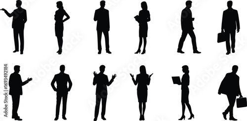 Business professionals silhouette set, flat vector illustration, corporate posture icons, office gesture collection, formal attire body language graphics
