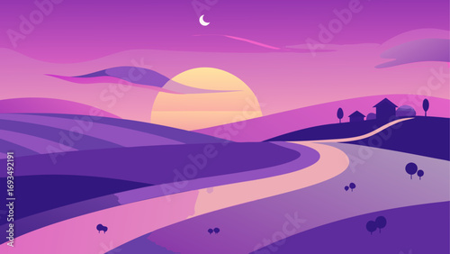 Rural landscape at sunset with purple hues