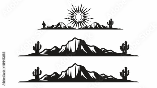 Desert landscape with saguaro cacti and majestic mountains under a radiant sunburst