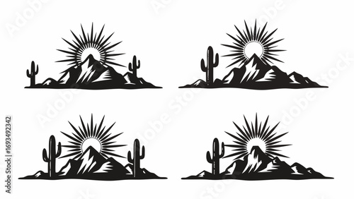 Bold desert mountain sunrise scenes with cacti and sunbursts create vibrant, iconic Western landscapes.