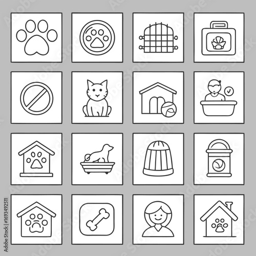 Pet Care Icons Set Outline Vector Graphics Keywords: pet care, animal, dog, cat, paw print, bone, kennel, carrier, leash, grooming, bath, food bowl, house, prohibition sign, pet owner, domestic