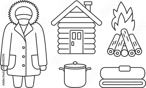 Winter Survival Icons: Parka, Cabin, Fire, Pot, Blanket