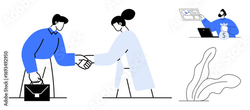 Two colleagues shake hands symbolizing partnership as a separate businessman reviews finance data and money bag. Ideal for teamwork, collaboration, success, business growth, agreement, planning
