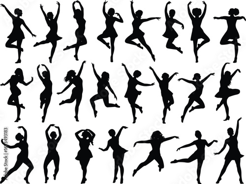 Ballet dancer silhouette vector, female ballet poses illustration, graceful dance movement clipart, ballet performance art design, elegant dancers flat vector illustration