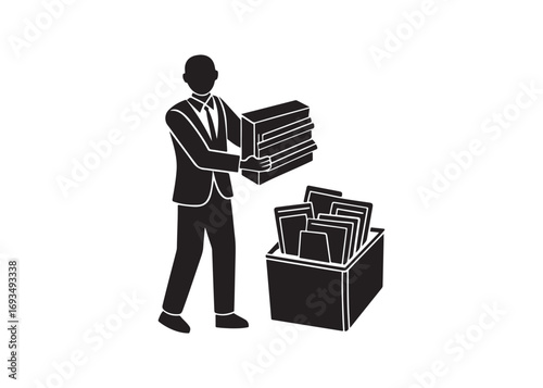 Businessman Filing Documents:  Monochromatic Icon,  Efficient Workflow,  Organized Storage,  Simple Design.