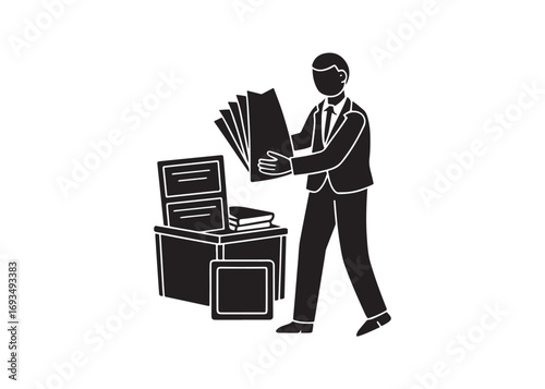 Businessman Filing Documents:  Monochromatic Icon,  Efficient Workflow,  Organized Storage,  Simple Design.