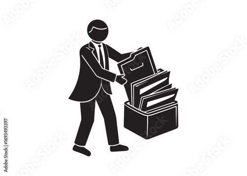 Businessman Filing Documents:  Monochromatic Icon,  Efficient Workflow,  Organized Storage,  Simple Design.