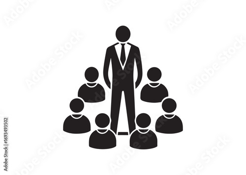 Confident Business Leader Addressing Team:  Simple Black Icon Graphic.
