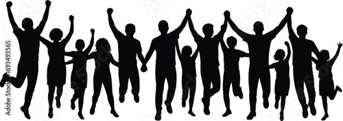 People silhouettes group, unity celebration vector, happy family icon, community joy illustration, children adults together, flat vector illustration