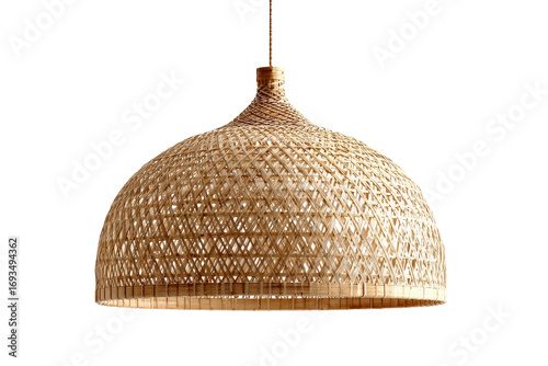 Woven rattan dome pendant lamp shade isolated on a white background.