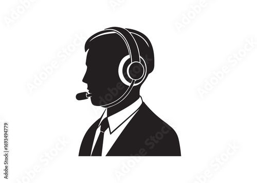 Businessperson wearing headphones, monochrome silhouette, professional communication icon.