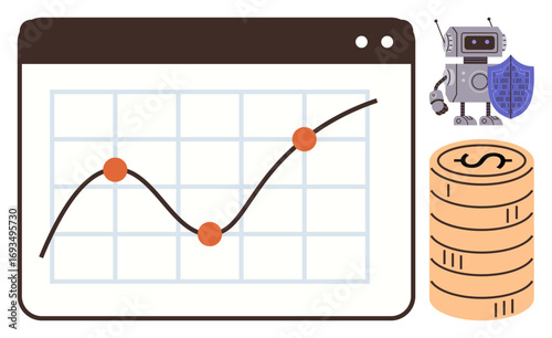 Line graph on browser window, robot with shield, coin stack for AI-driven data, investment growth. Ideal for finance, cybersecurity, technology, AI analytics digital security innovation. Simple