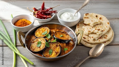 Wallpaper Mural Aubergine Curry with Naan Bread and Spices in Copper Bowl on Rustic Wooden Tabletop Featuring Red Chili Peppers and White Sauce Torontodigital.ca