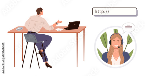 Man at desk interacting with professional woman in headset via online tool. Ideal for support service, remote work, digital communication, customer assistance, technology, online collaboration