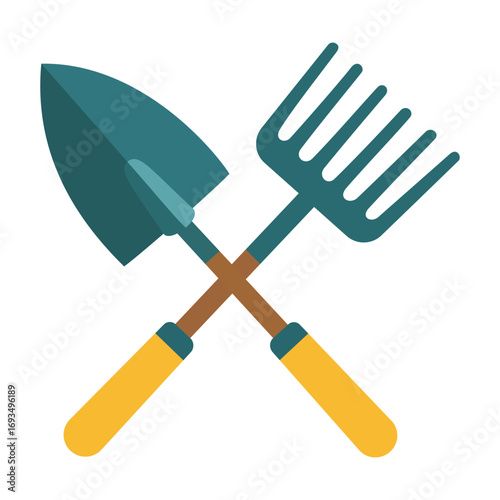 garden tools of a shovel and a rake perfect for themes of gardening, farming, and nature