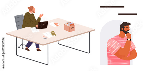Office worker at a desk discussing ideas with a standing colleague behind a partition. Ideal for teamwork, remote collaboration, brainstorming, interpersonal communication, workplace dynamics