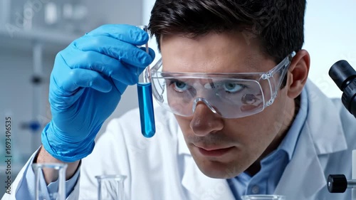 Focused Male Scientist Examining Blue Liquid in Test Tube in Modern Laboratory