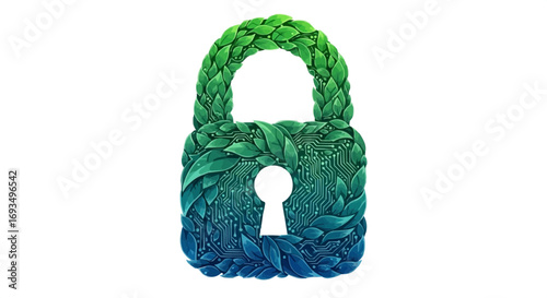 Vibrant green and blue leaves intricately form a symbolic padlock, representing natural security, eco-friendly protection, and sustainable privacy in a modern digital age