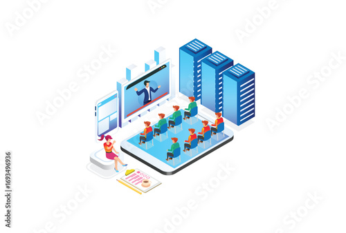 Modern Technology Isometric Smart Online Webinar Training Technology Illustration in White Isolated Background With People and Digital Related Asset