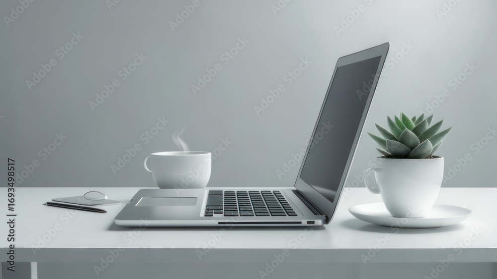 Fototapeta premium Minimalist workspace setup with laptop, cup of coffee, and succulent