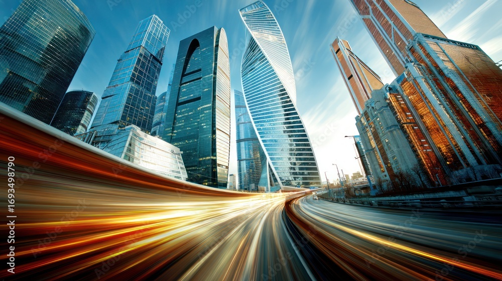 Fototapeta premium Modern City Skyscrapers with Dynamic Light Trails in Downtown Urban Area