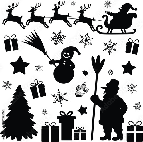 Christmas silhouette icons, Santa Claus sleigh with reindeer, snowman with broom, gifts, Christmas tree, snowflakes, winter holiday festive symbols.