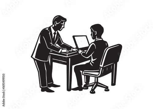 Business Presentation:  Stylish Black and White Illustration of a Manager Leading a Team Meeting.