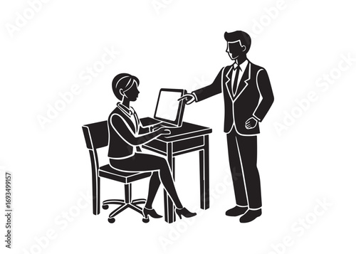 Business Presentation:  Stylish Black and White Illustration of a Manager Leading a Team Meeting.